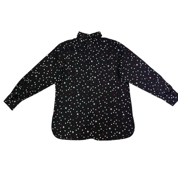 Ellen Tracy Shirt Womens Medium Black w/Red White Stars Print Button Up Roll Tab - Picture 4 of 10
